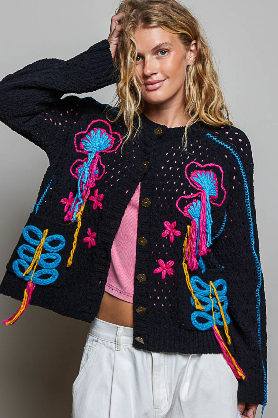 YST793 Black | Pol Round Neck Cardigan | Sizes S-L